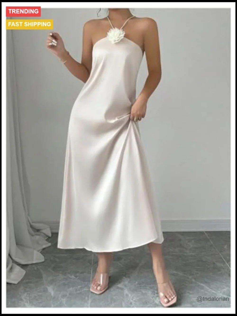 Polyester 3D Floral Halter Dress Criss Cross Backless Sleeveless Maxi